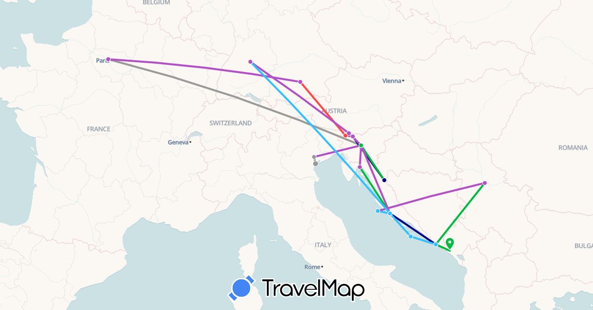 TravelMap itinerary: driving, bus, plane, train, hiking, boat in Germany, France, Croatia, Serbia, Slovenia (Europe)