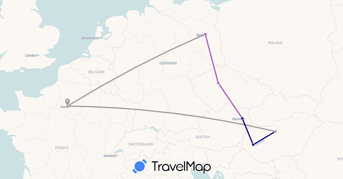 TravelMap itinerary: driving, plane, train in Austria, Czech Republic, Germany, France, Hungary (Europe)