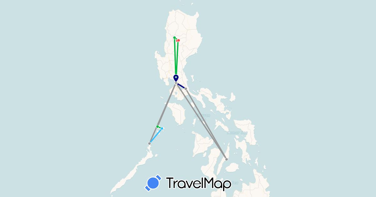TravelMap itinerary: driving, bus, plane, hiking, boat in Philippines (Asia)